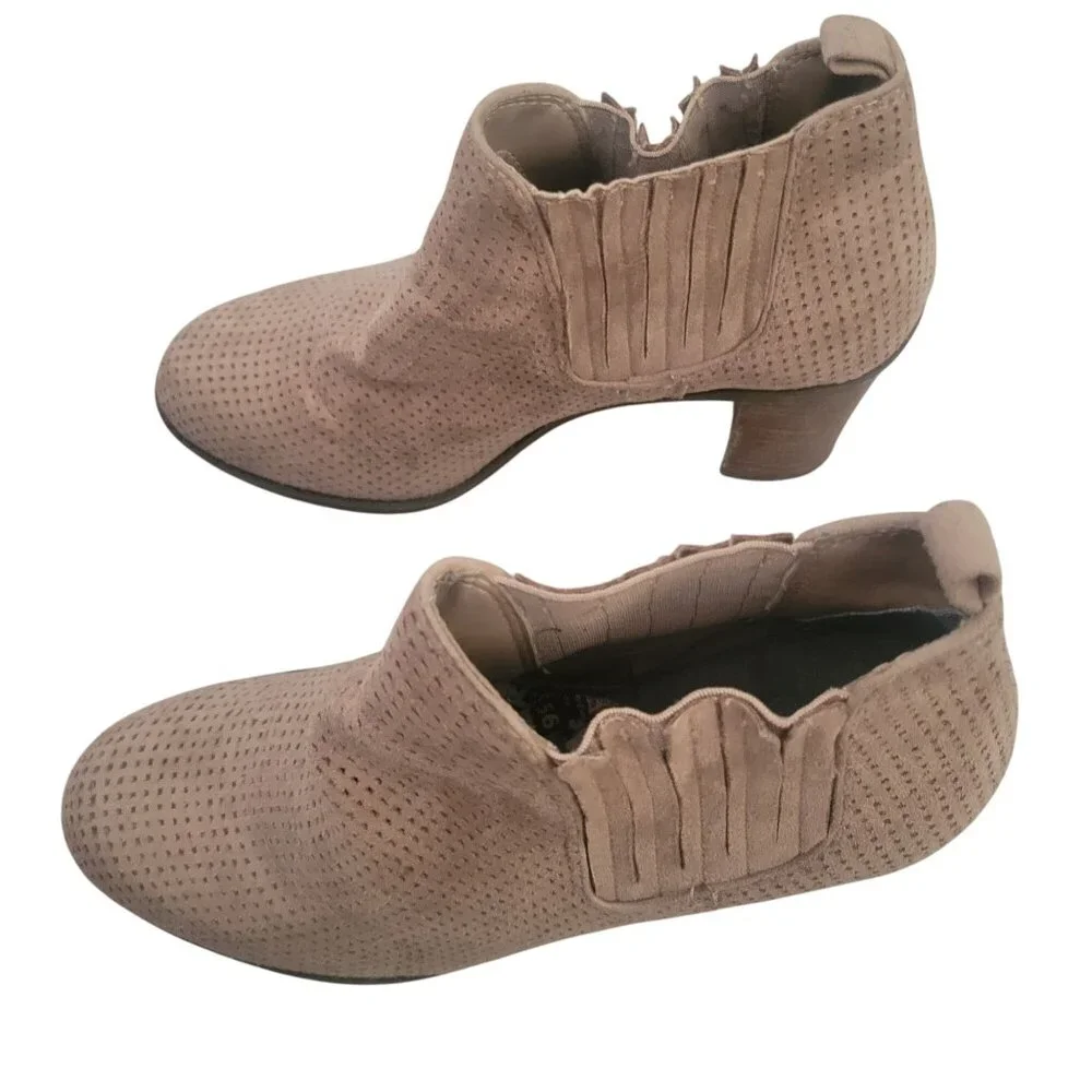 Tan Perforated Suede Ankle Boots With Block Heels & Elastic Side Panels Size 8.5